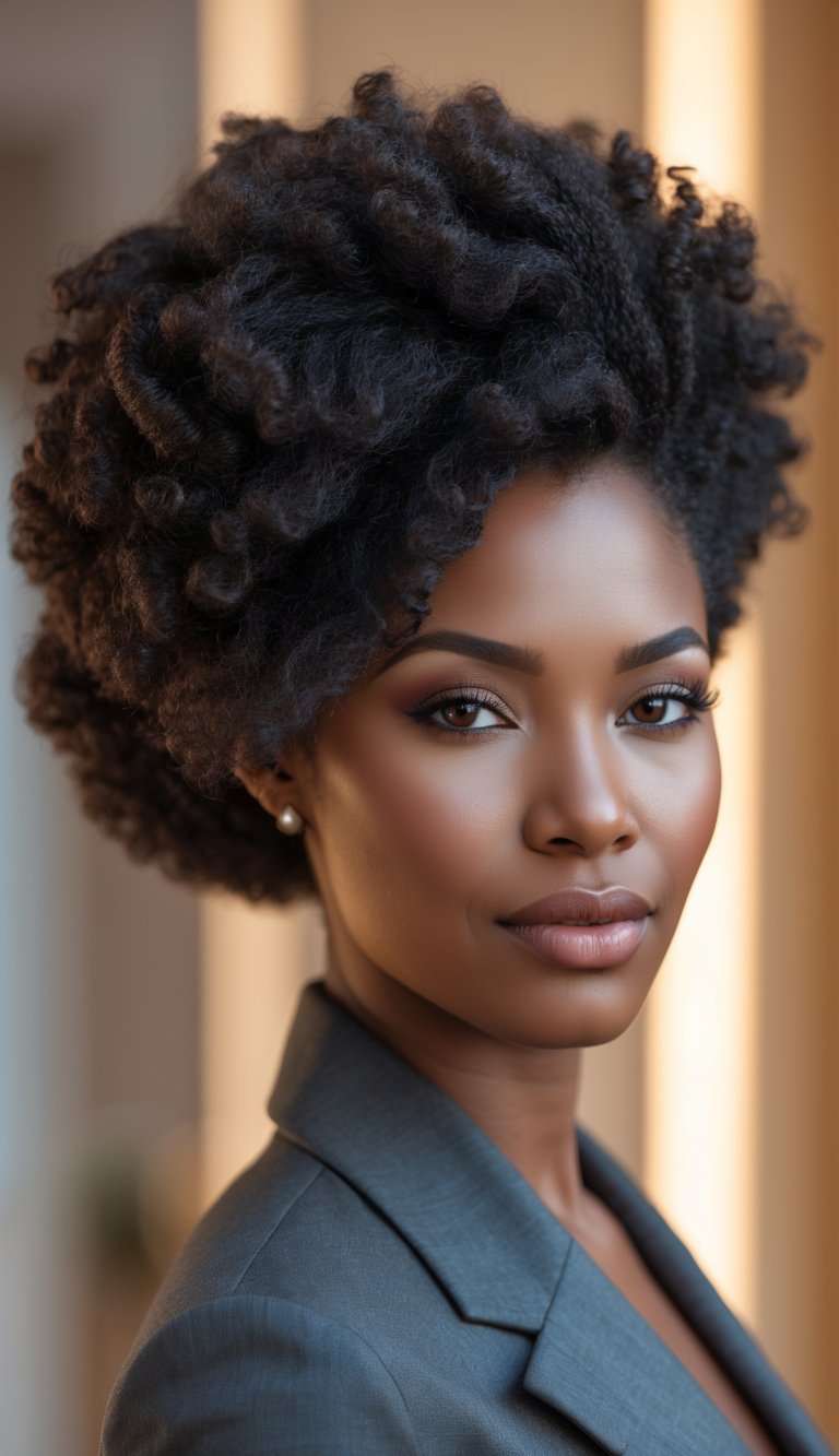 A Black woman with a side-swept afro hairstyle, smiling softly against a blurred neutral background.