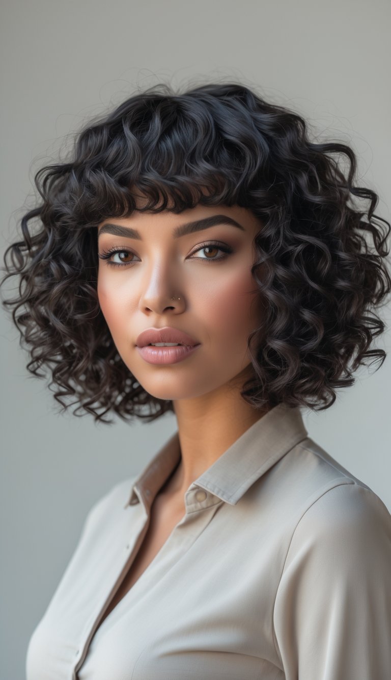 A young woman with a short curly bob haircut and thick bangs, looking confidently at the camera against a plain background.