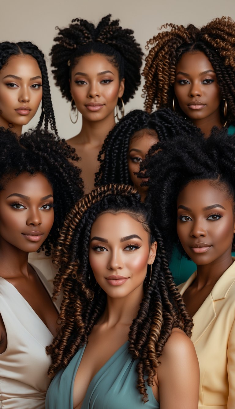 A group of Black women with various natural hairstyles including curls, braids, and twists, posing confidently in a studio setting.
