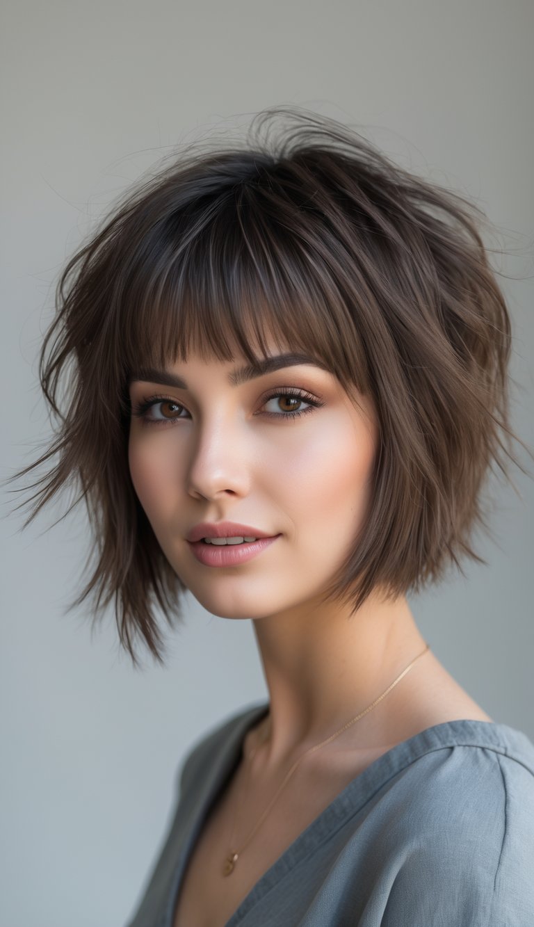 A young woman with a short bob haircut and angled bangs looking at the camera against a plain background.