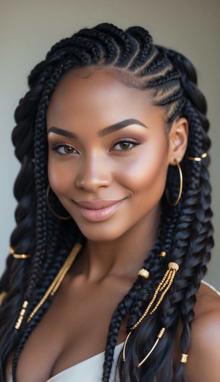 A Black woman with neatly styled lemonade braids smiling softly against a neutral background.