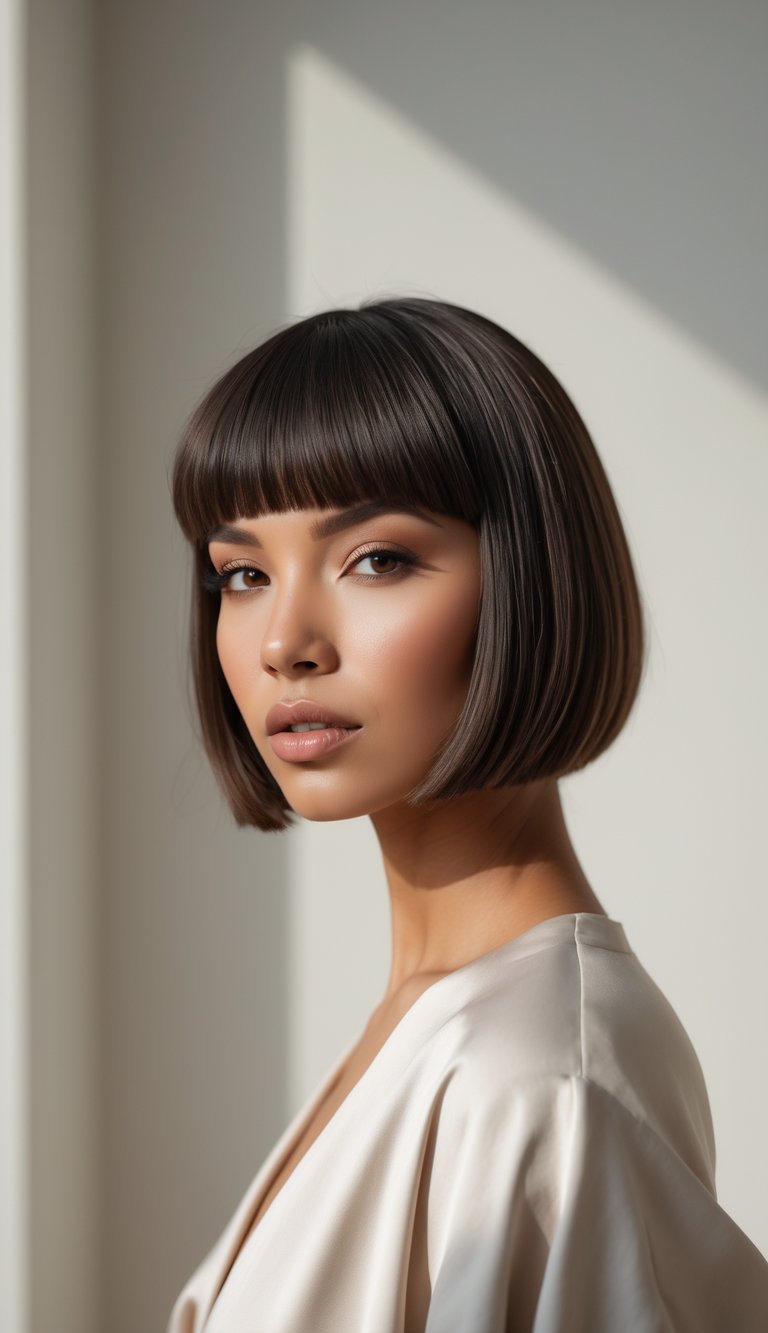 A woman with a short bob haircut and arched bangs posing against a plain background.