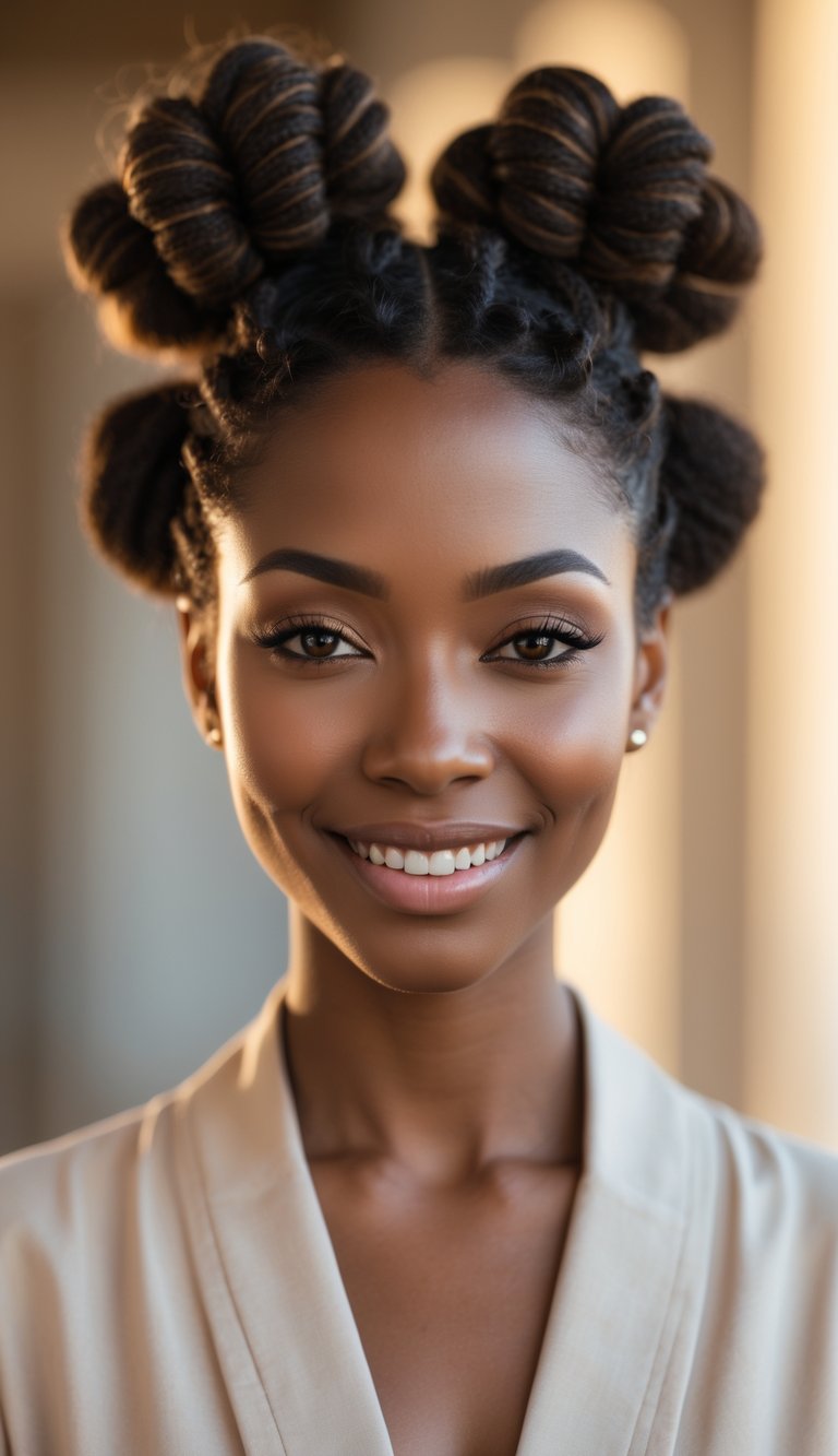 A Black woman smiling with space buns hairstyle against a softly blurred background.