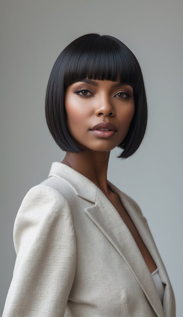 A woman with a short bob haircut and straight bangs looking confidently at the camera against a plain background.