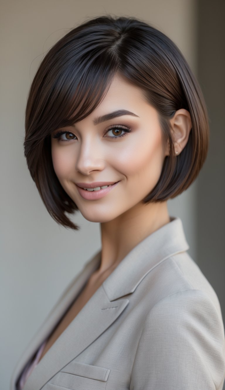 A young woman with a short bob haircut and side bangs smiling gently at the camera.