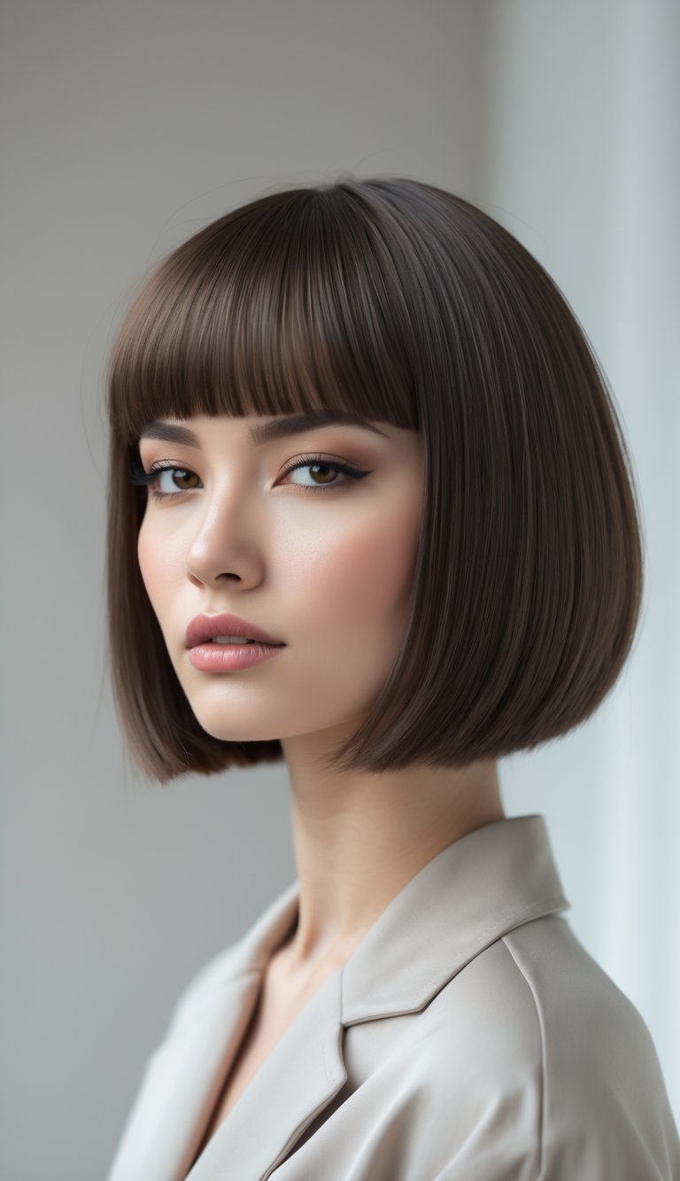 Portrait of a young woman with a short graduated bob haircut and blunt bangs against a plain background.