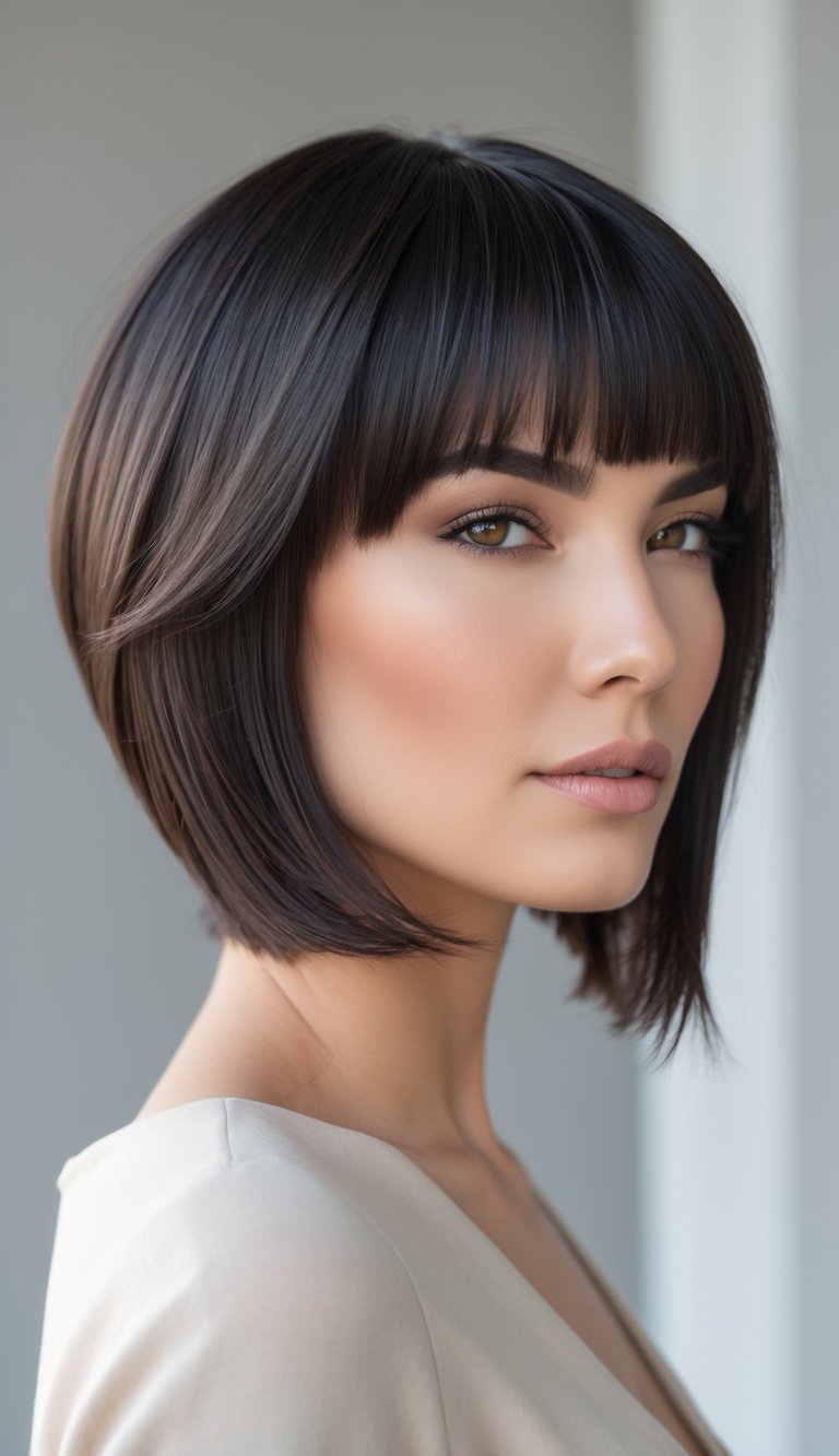 Portrait of a woman with a short asymmetrical bob haircut and textured bangs, looking confidently at the camera.