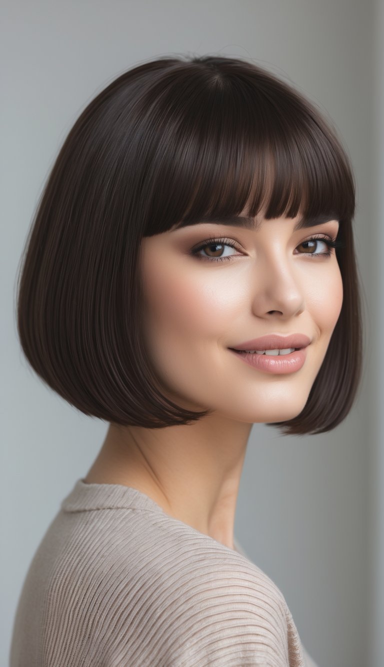 A young woman with a short bob haircut and rounded bangs smiling against a neutral background.
