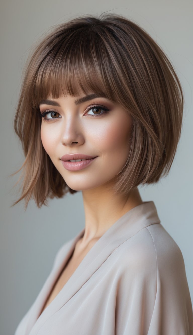 A young woman with a short bob haircut and long bangs smiling in a studio setting.
