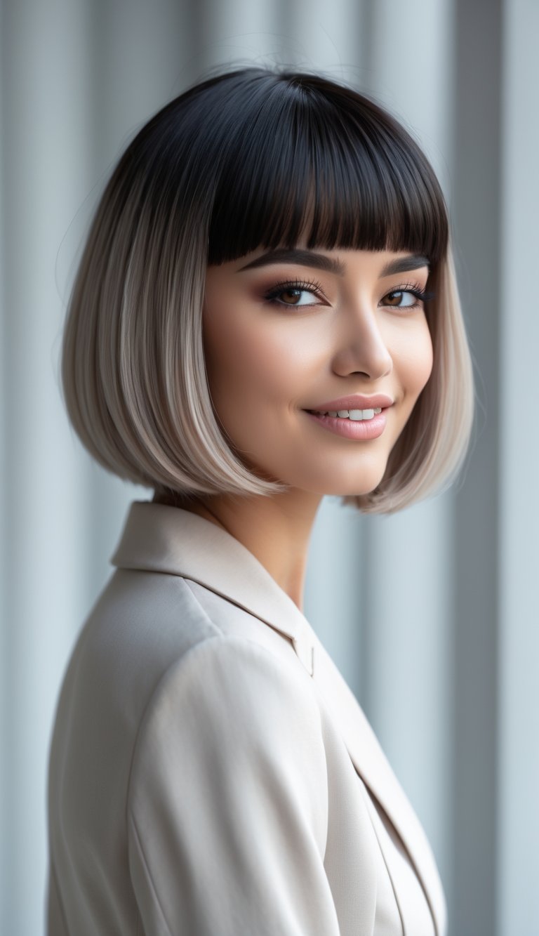 A smiling young woman with a short bob haircut and bangs, looking slightly to the side against a blurred background.