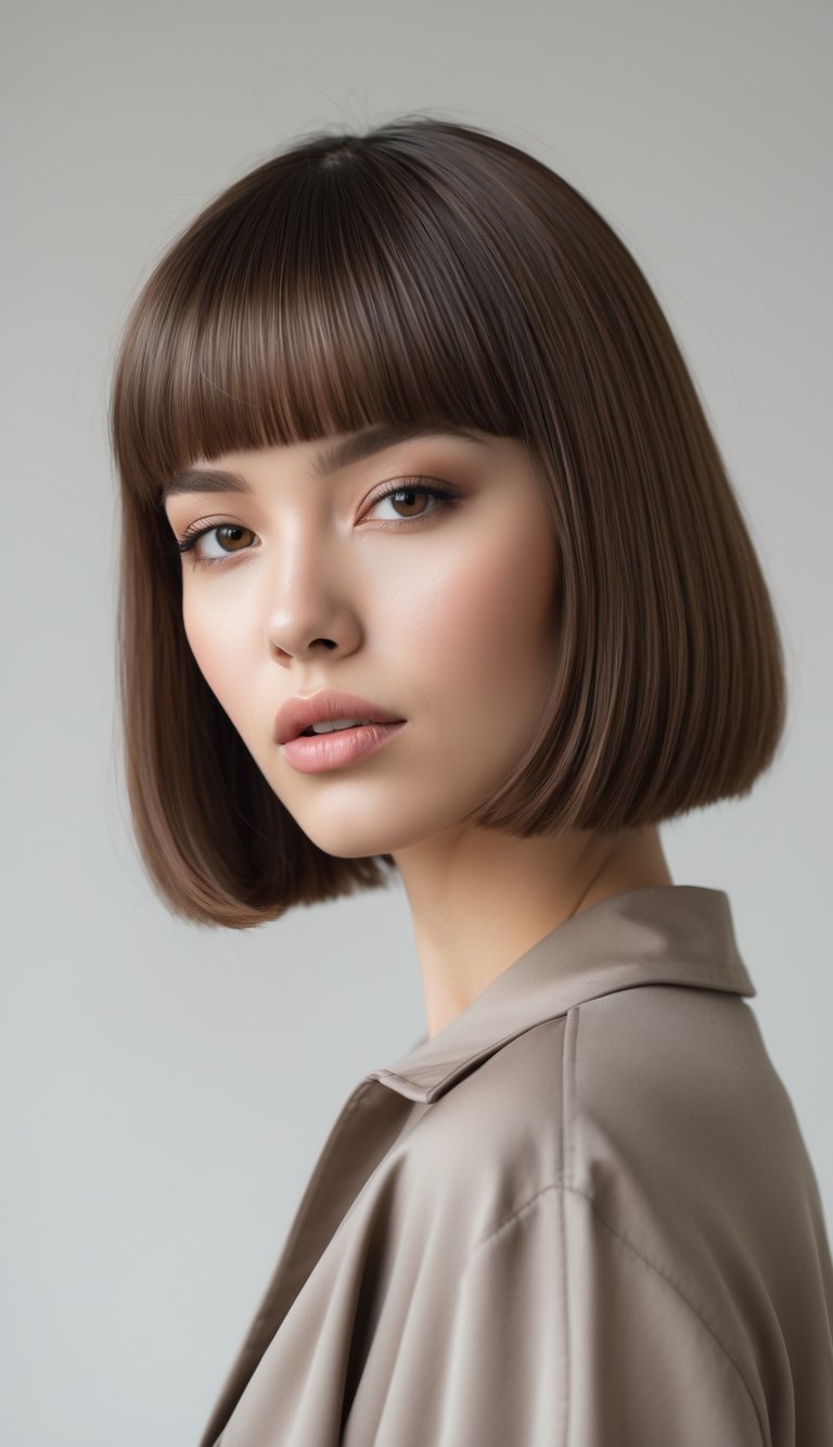 A young woman with a chin-length bob haircut and blunt bangs posing against a neutral background.