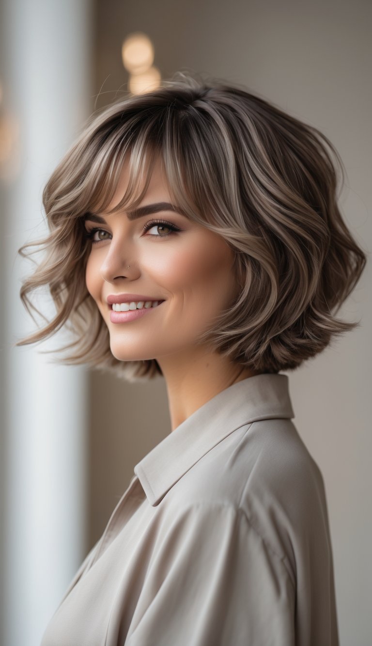 A woman with a wavy bob haircut and layered bangs smiling softly against a blurred neutral background.