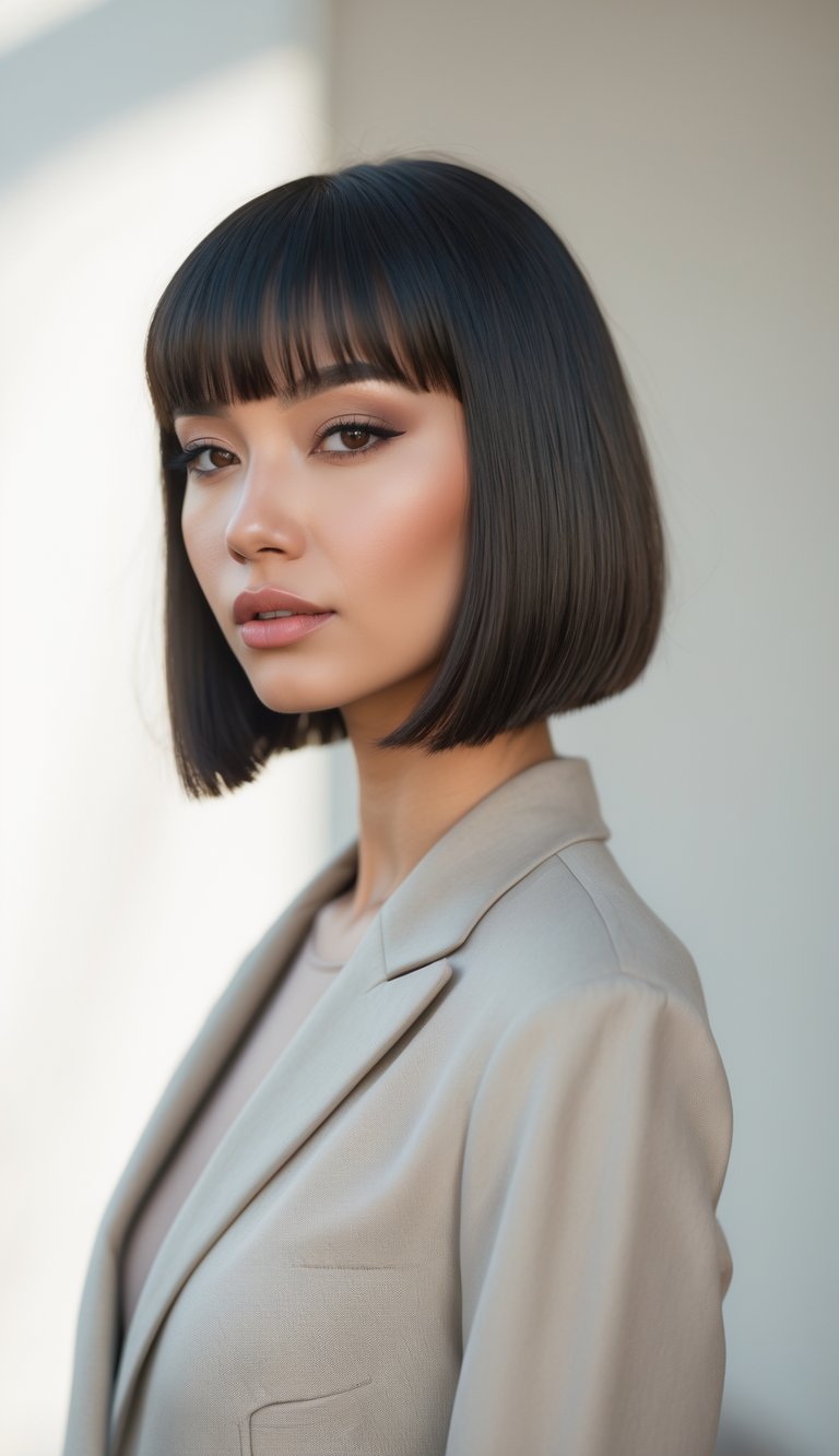 A young woman with short hair and sheer bangs looking confidently at the camera.