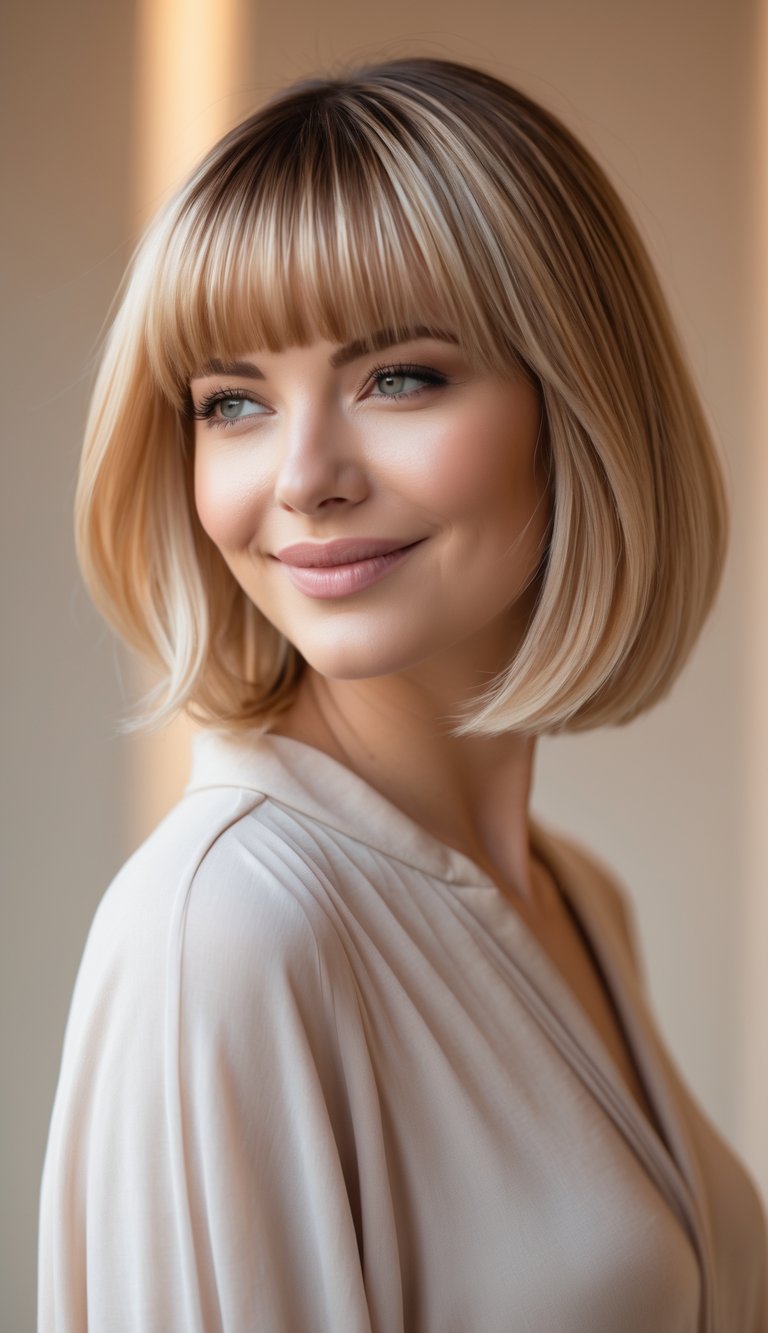 A woman with a short bob haircut and curtain bangs smiling softly against a blurred neutral background.