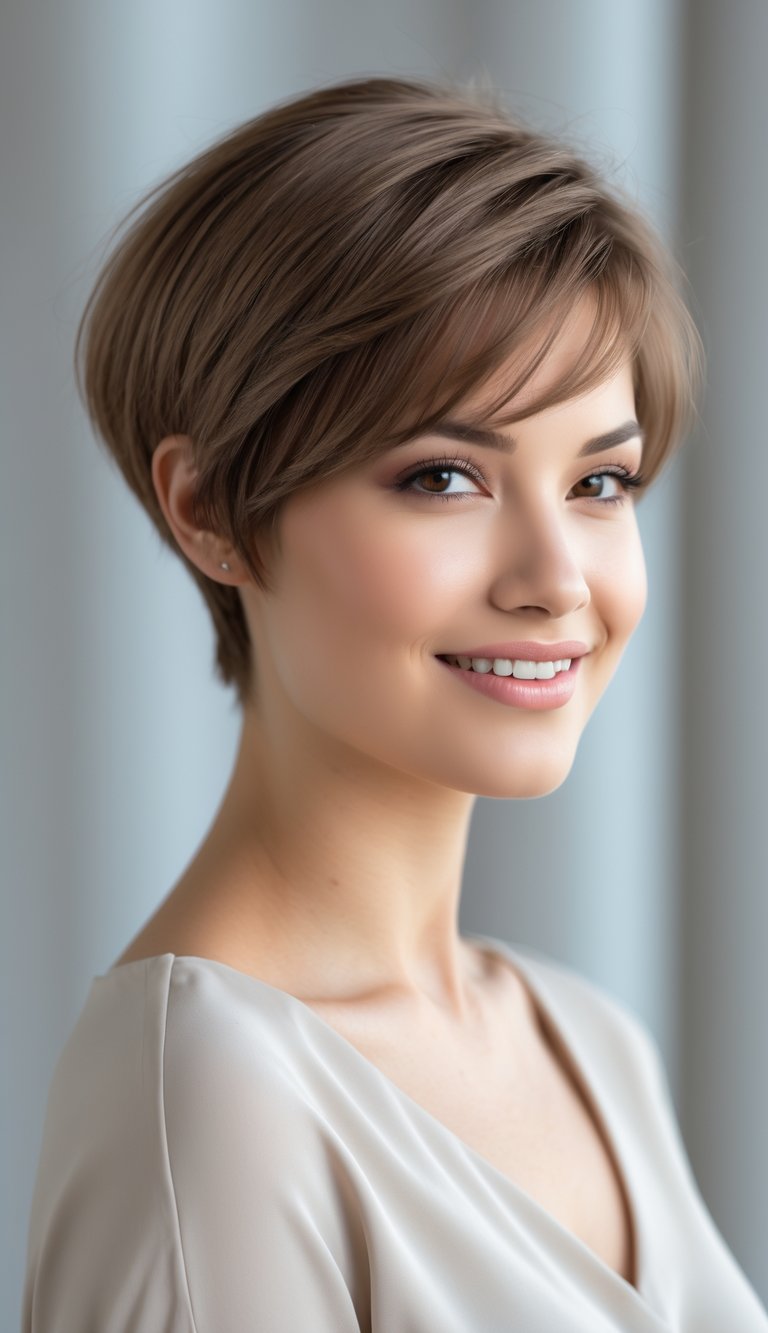 A young woman with short hair and side-swept bangs smiling softly against a neutral background.
