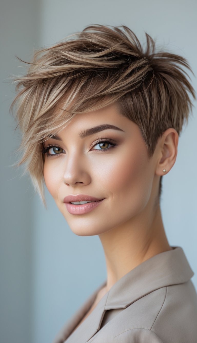 A young woman with a short layered pixie haircut smiling softly against a plain background.