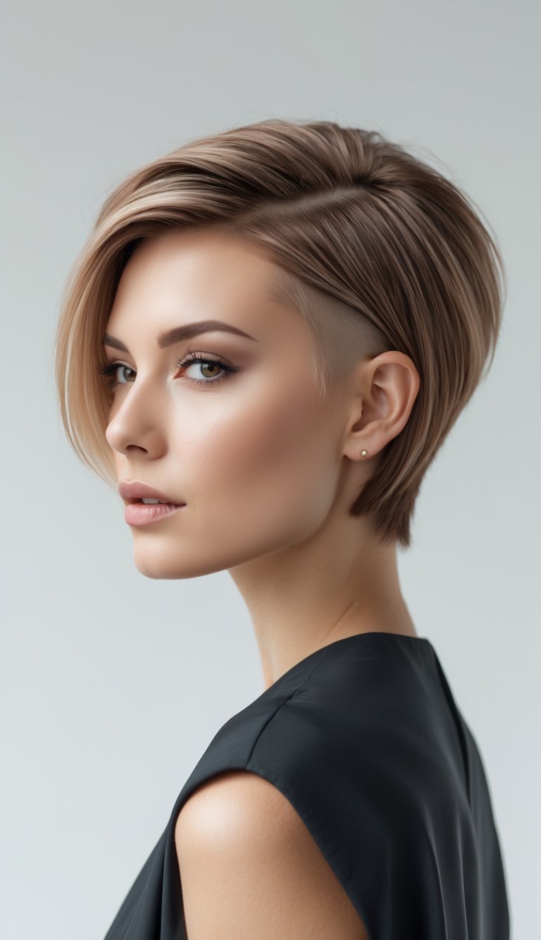 A young woman with a short asymmetrical haircut posing against a plain background.