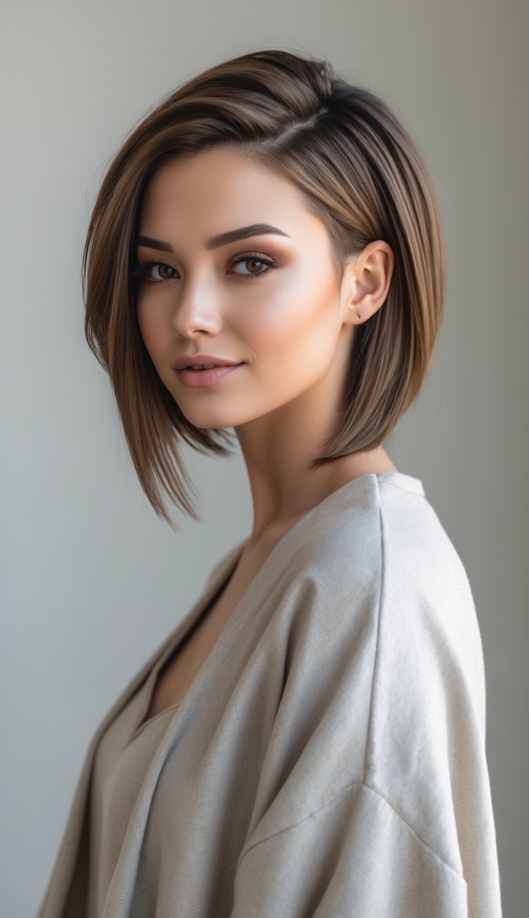 A young woman with a long pixie haircut and tapered sides looking confidently at the camera against a plain background.