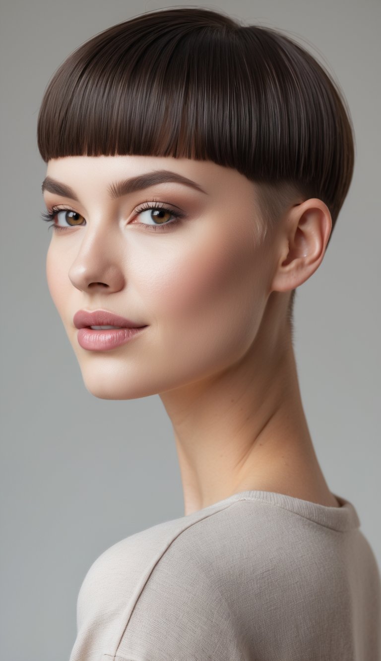 Young woman with a short haircut and blunt bangs looking at the camera against a plain background.