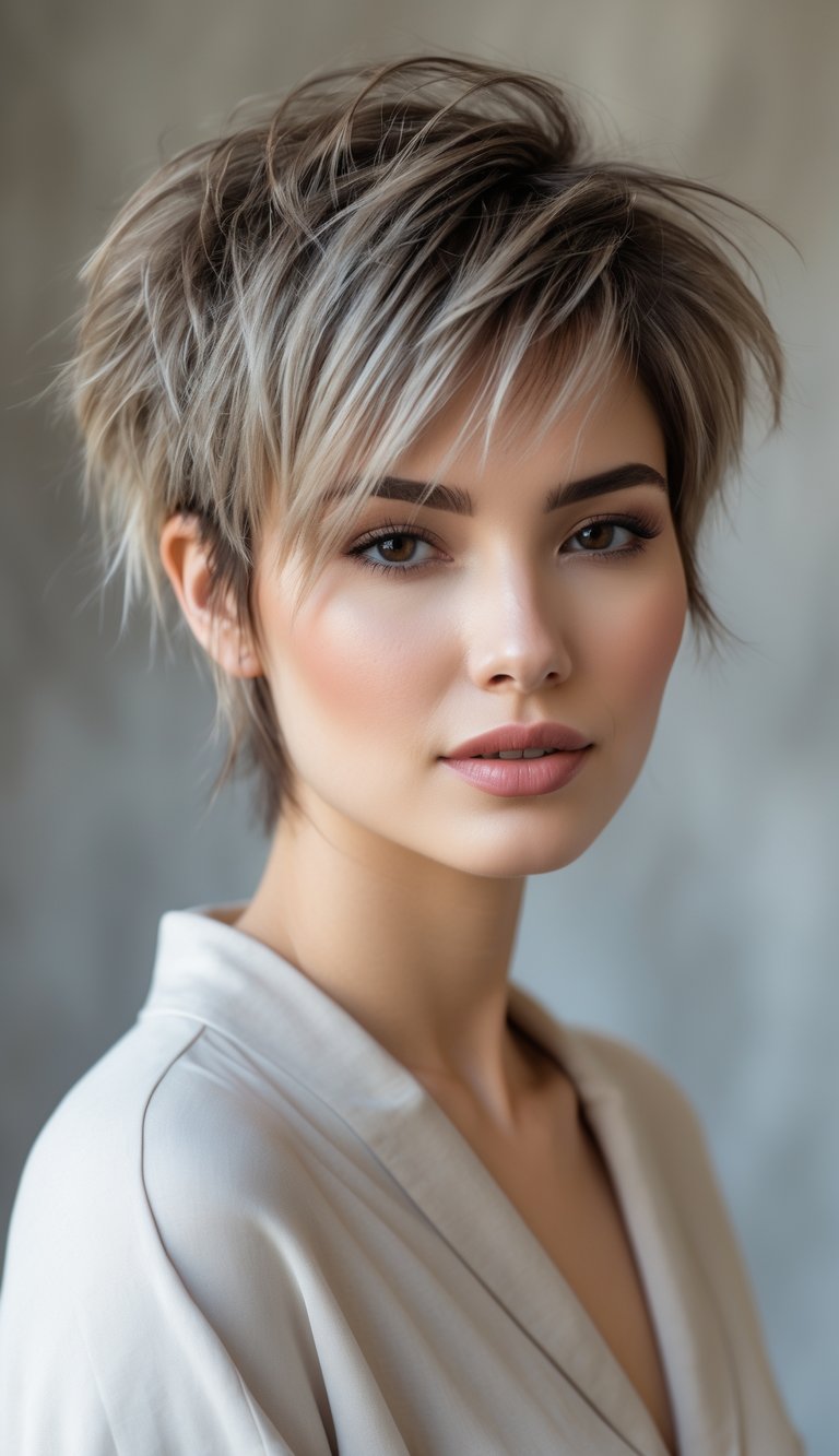 Young woman with a short, tousled hairstyle and natural highlights, smiling gently against a blurred neutral background.