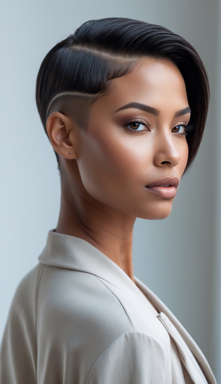 A woman with a short pixie haircut and a deep side part, looking confidently at the camera against a plain background.
