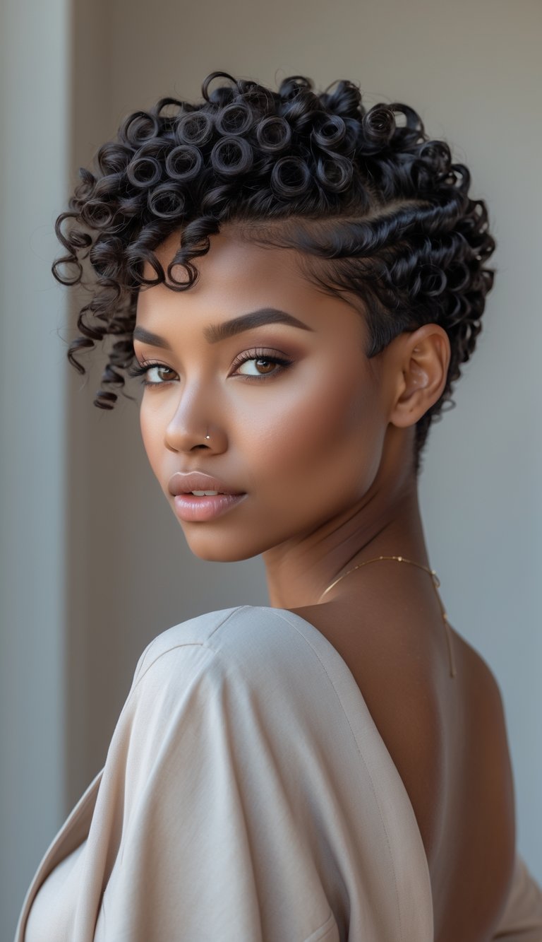 Young woman with a short curly pixie haircut featuring defined ringlets, posing against a plain background.