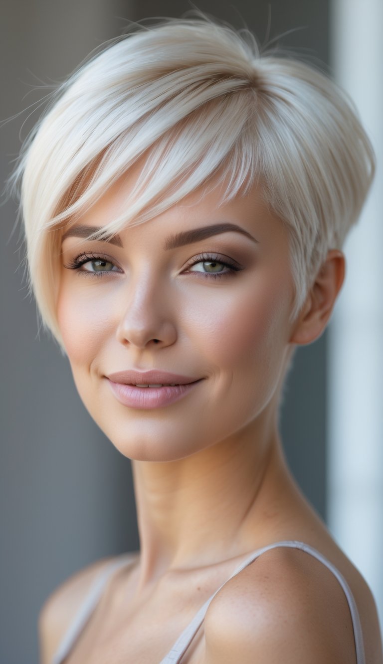 A woman with a short platinum blonde pixie haircut posing against a neutral background.