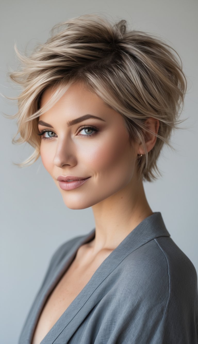 A woman with short, wavy hair smiling gently against a plain background.
