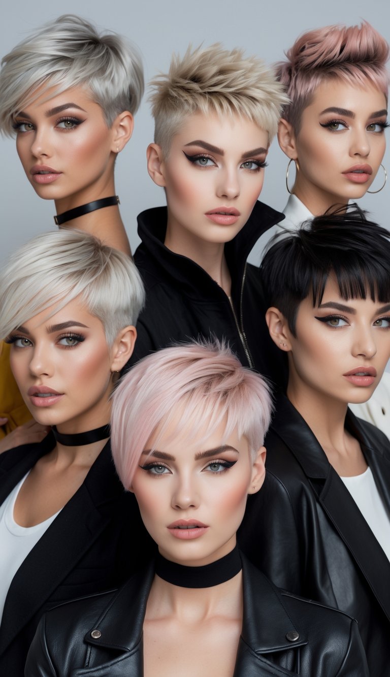Five young adults with short pixie haircuts posing confidently in a studio with a plain background.