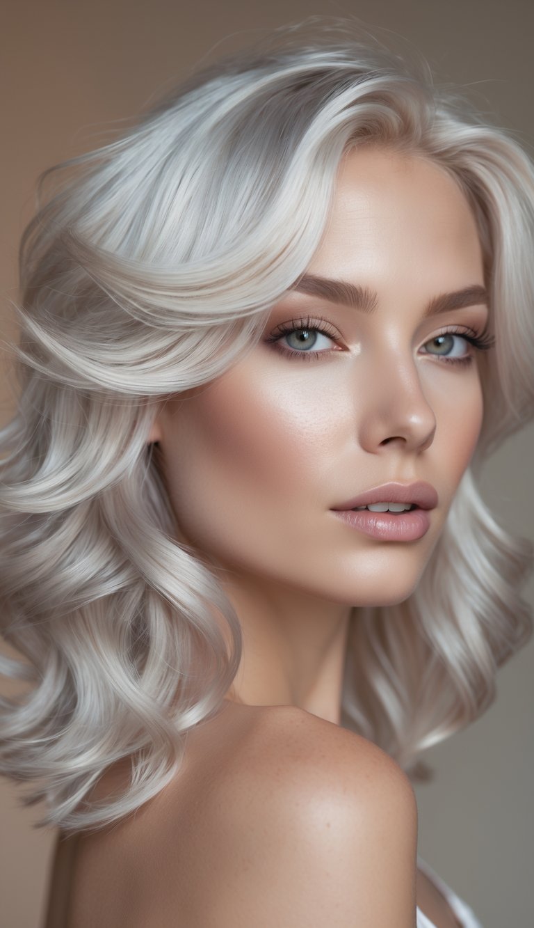 Close-up of a woman with flowing platinum silver blonde hair and natural makeup against a softly blurred neutral background.