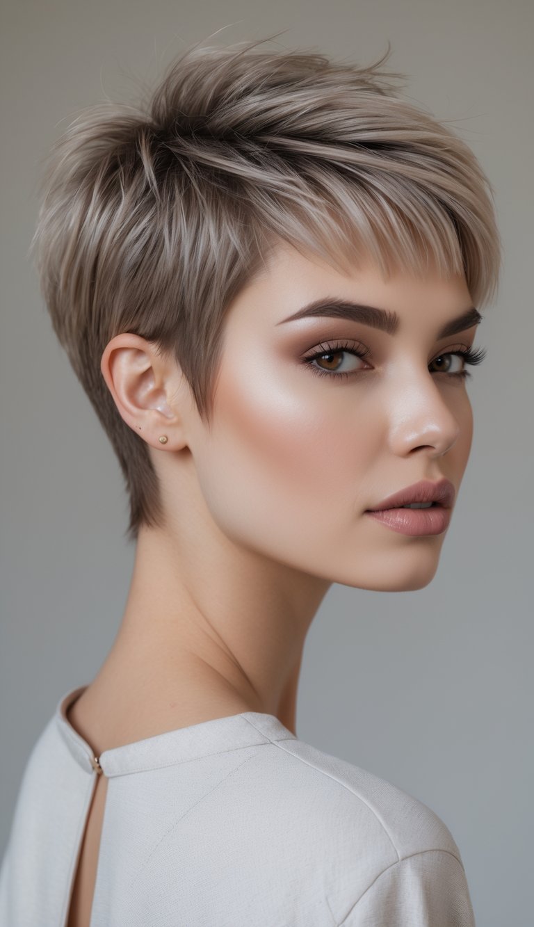 A young woman with a short pixie haircut showing a faded nape, looking confidently at the camera against a plain background.