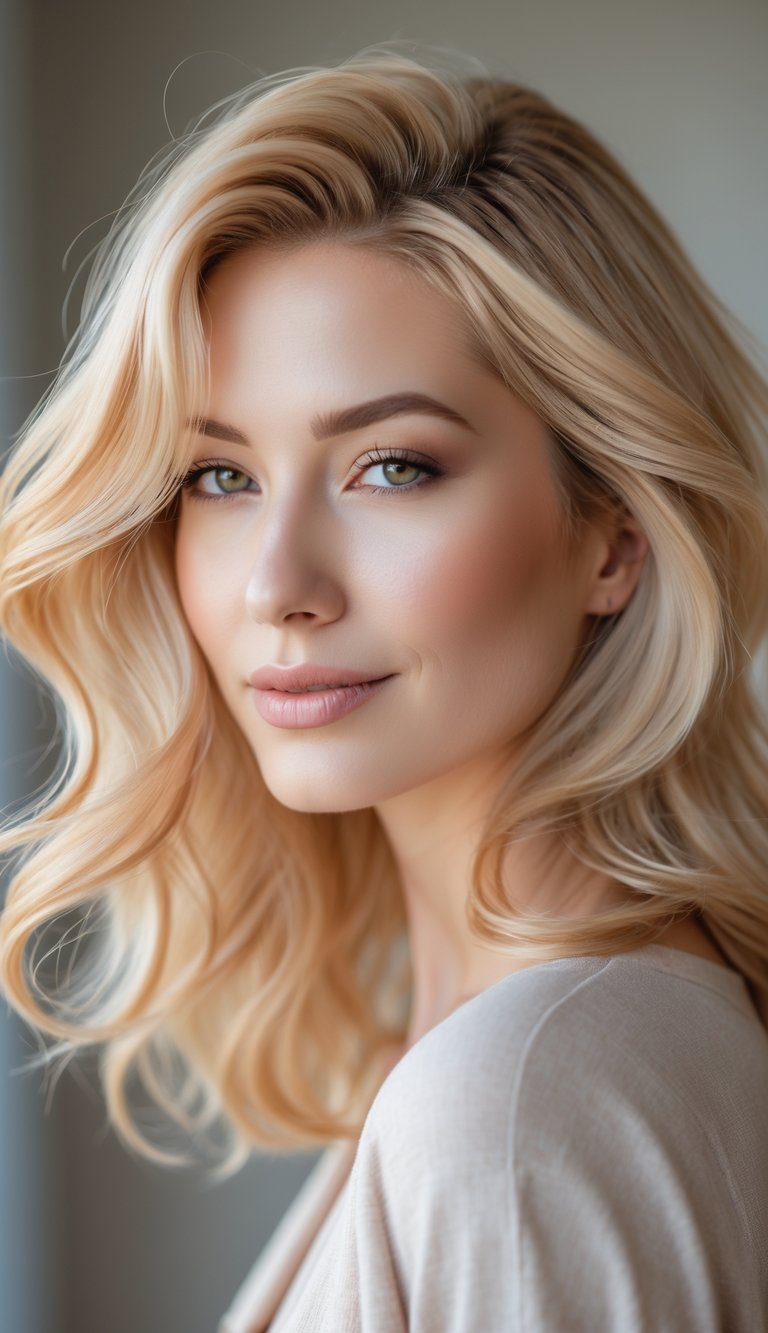 Close-up of a woman with honey blonde balayage hair styled in soft waves, smiling gently.