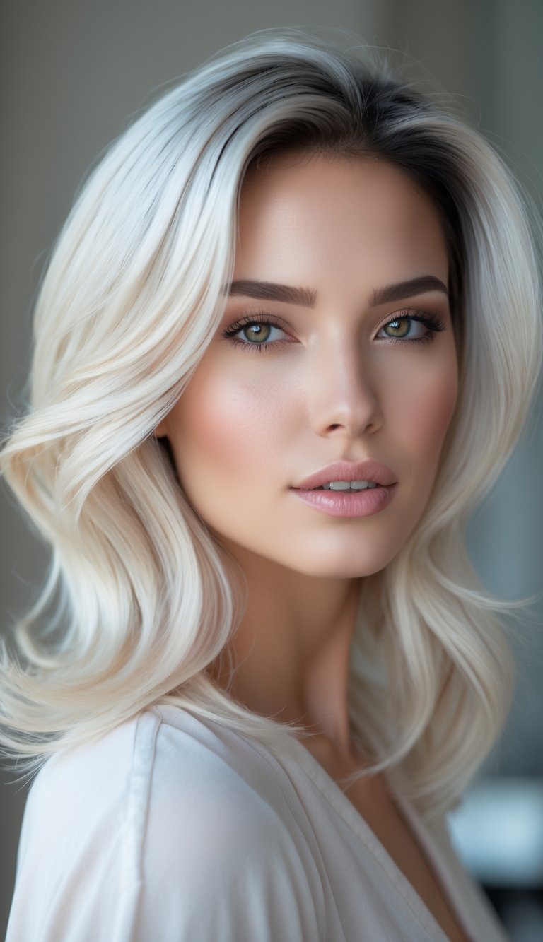 Close-up of a woman with ice blonde hair and dark roots, looking slightly to the side.