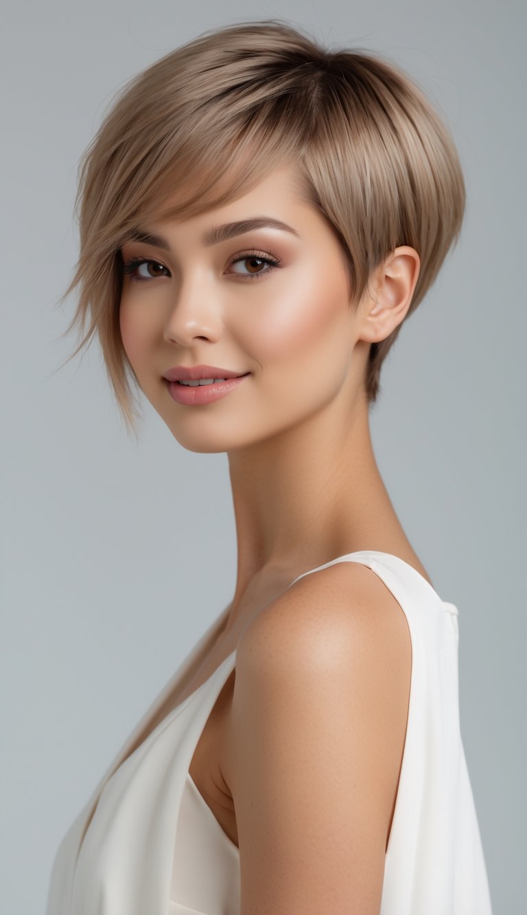 A young woman with a short pixie haircut and side bangs smiling against a plain background.