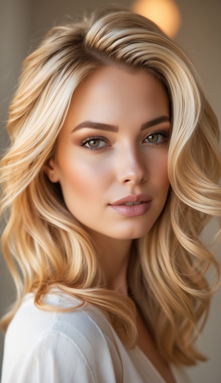 Close-up of a woman with golden blonde highlighted hair styled in soft waves, looking slightly away from the camera.