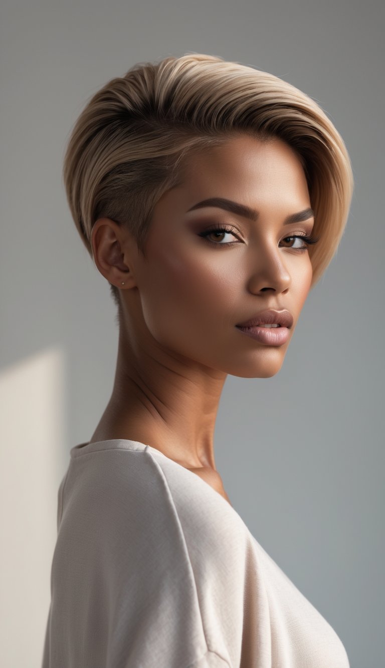 A woman with a short pixie haircut featuring a voluminous top, looking confidently at the camera against a plain background.