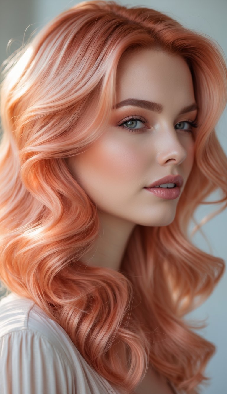 Close-up portrait of a woman with flowing strawberry blonde hair and a serene expression against a softly blurred background.