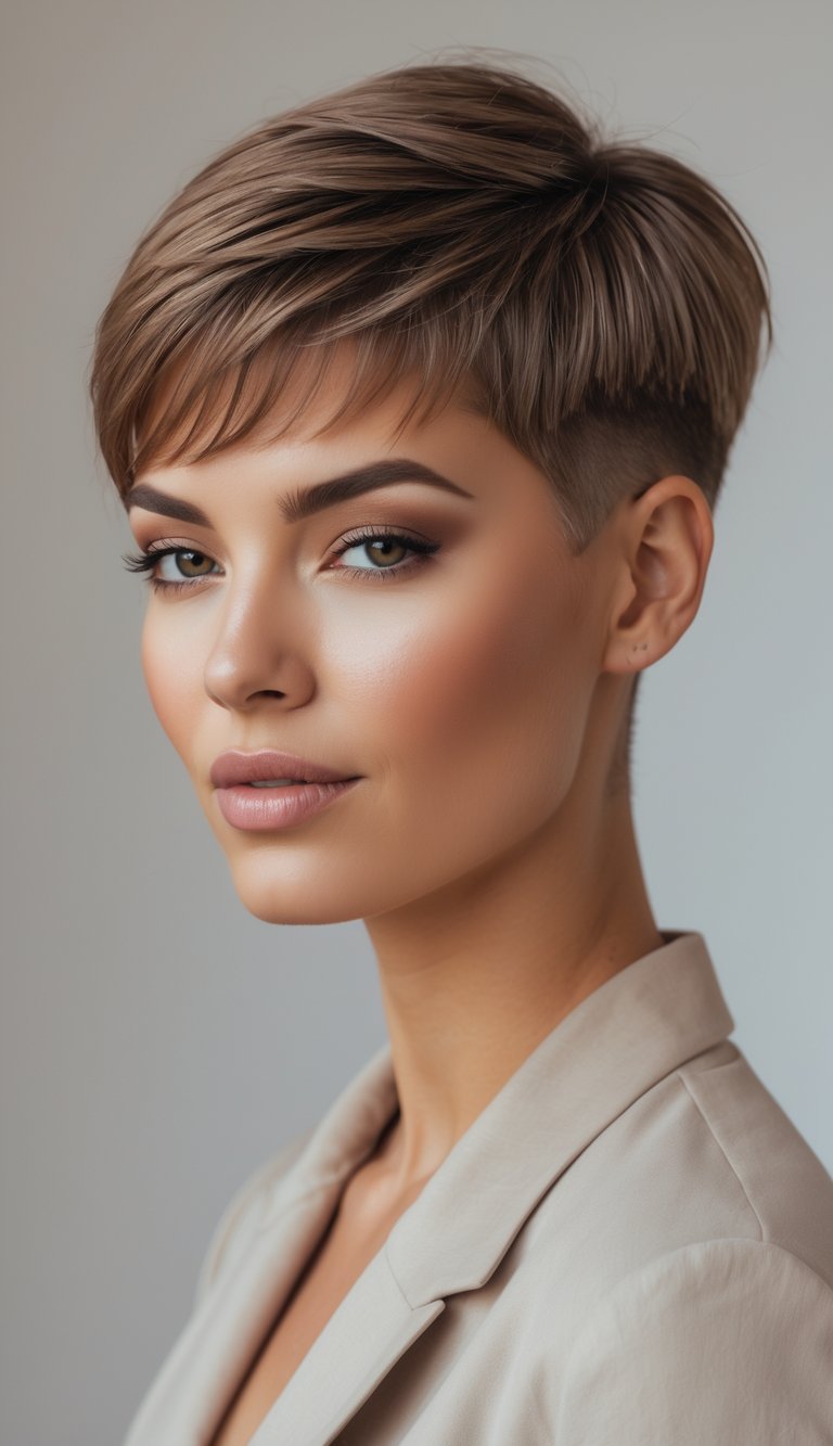 Portrait of a woman with a short tapered haircut, smiling in a studio setting with a neutral background.