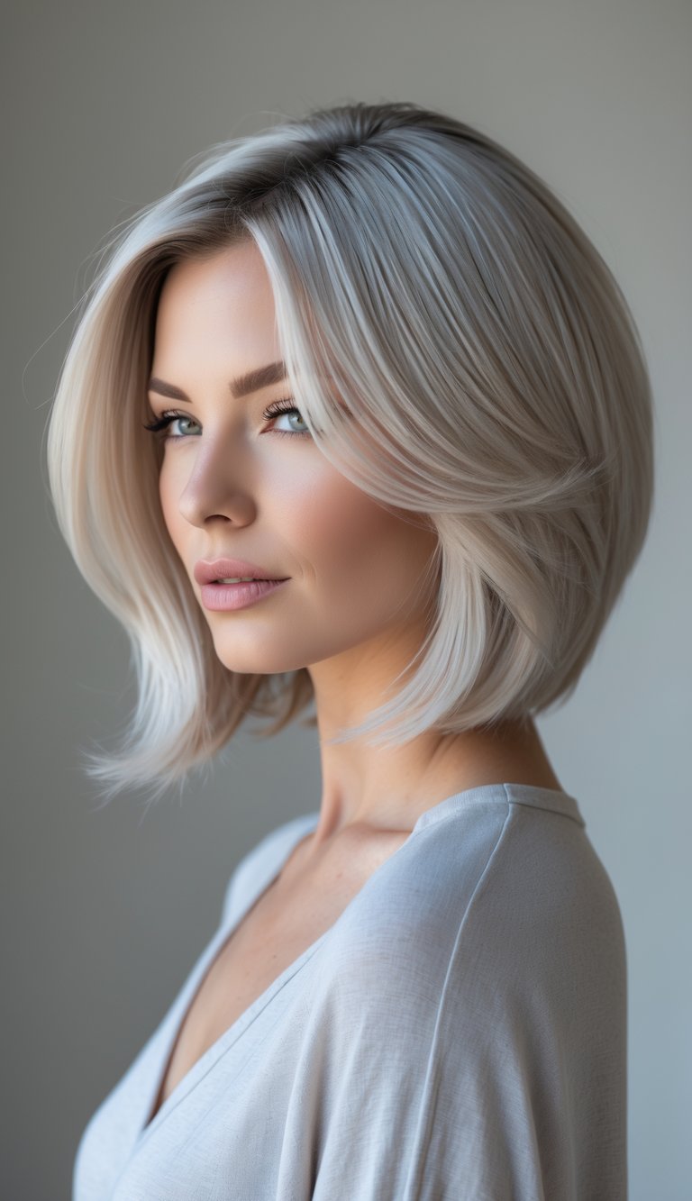 A woman with smooth ash blonde lob haircut looking slightly to the side against a neutral background.
