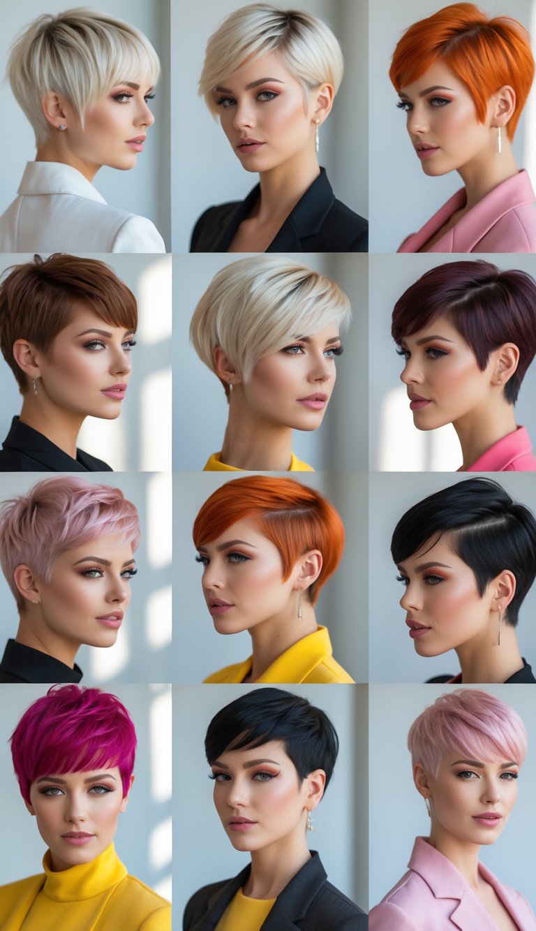 A group of women with short two-tone pixie haircuts posing in a bright studio.
