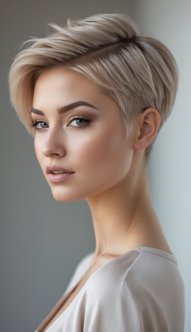 Portrait of a young woman with a short feathered haircut looking confidently at the camera against a plain background.