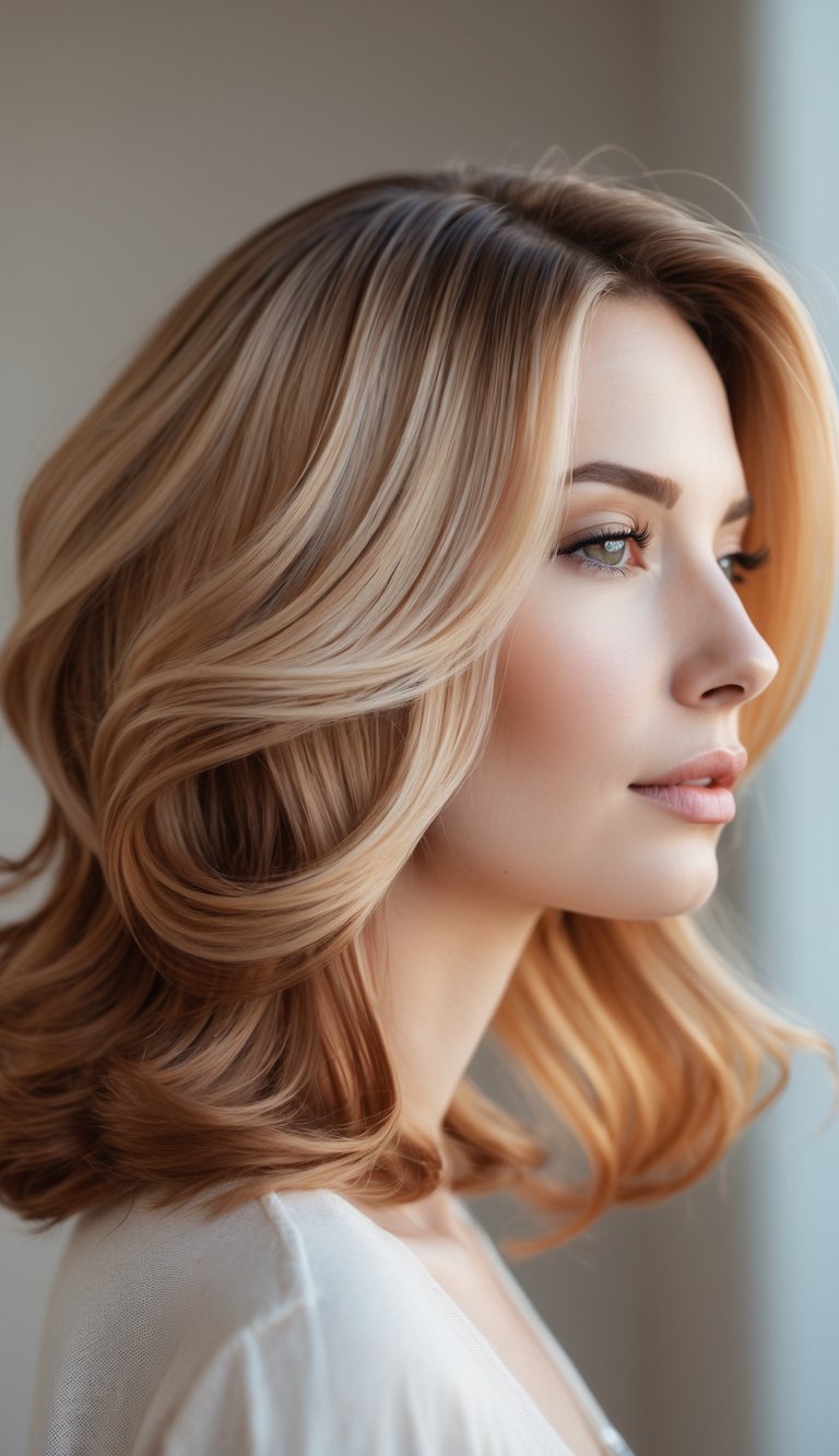 Close-up of a woman with caramel blonde ombre hair against a neutral background.