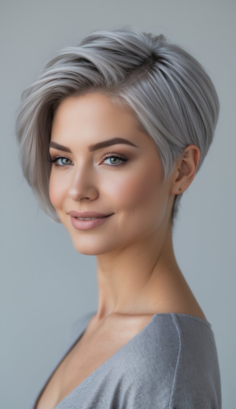 A woman with a silver grey pixie haircut posing against a neutral background.