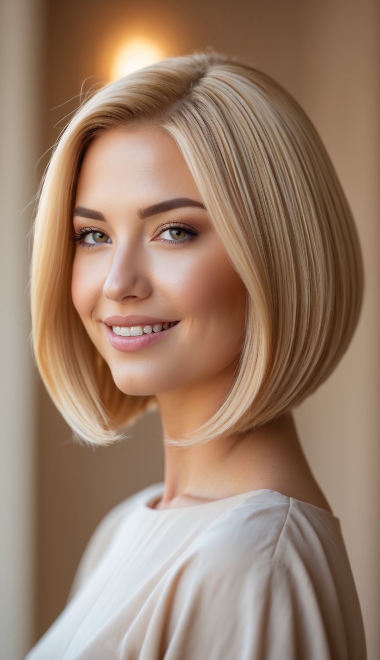 A woman with a smooth, shiny buttery blonde bob haircut smiling softly against a blurred neutral background.