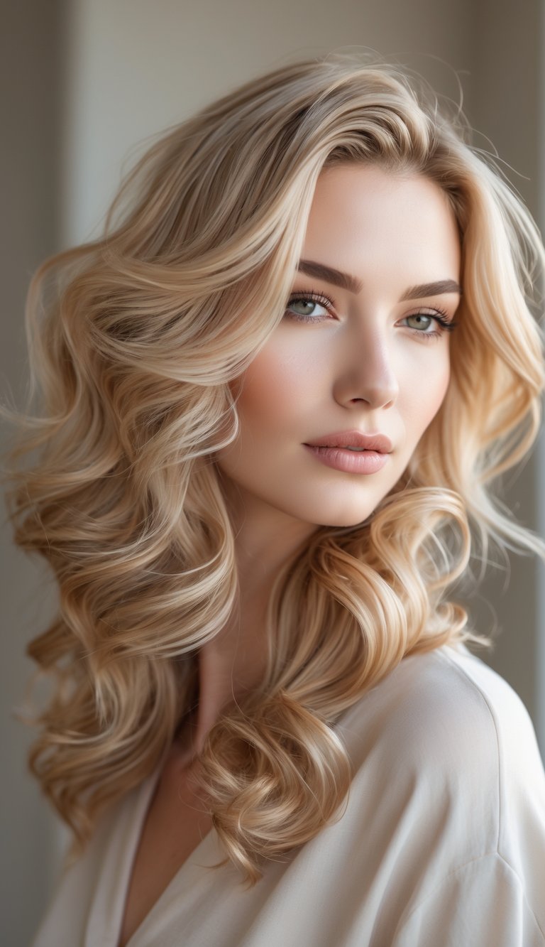 Close-up of a woman with sandy blonde wavy hair cascading over her shoulders.