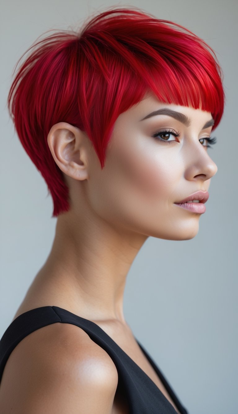 A woman with a bold red pixie haircut posing against a neutral background.