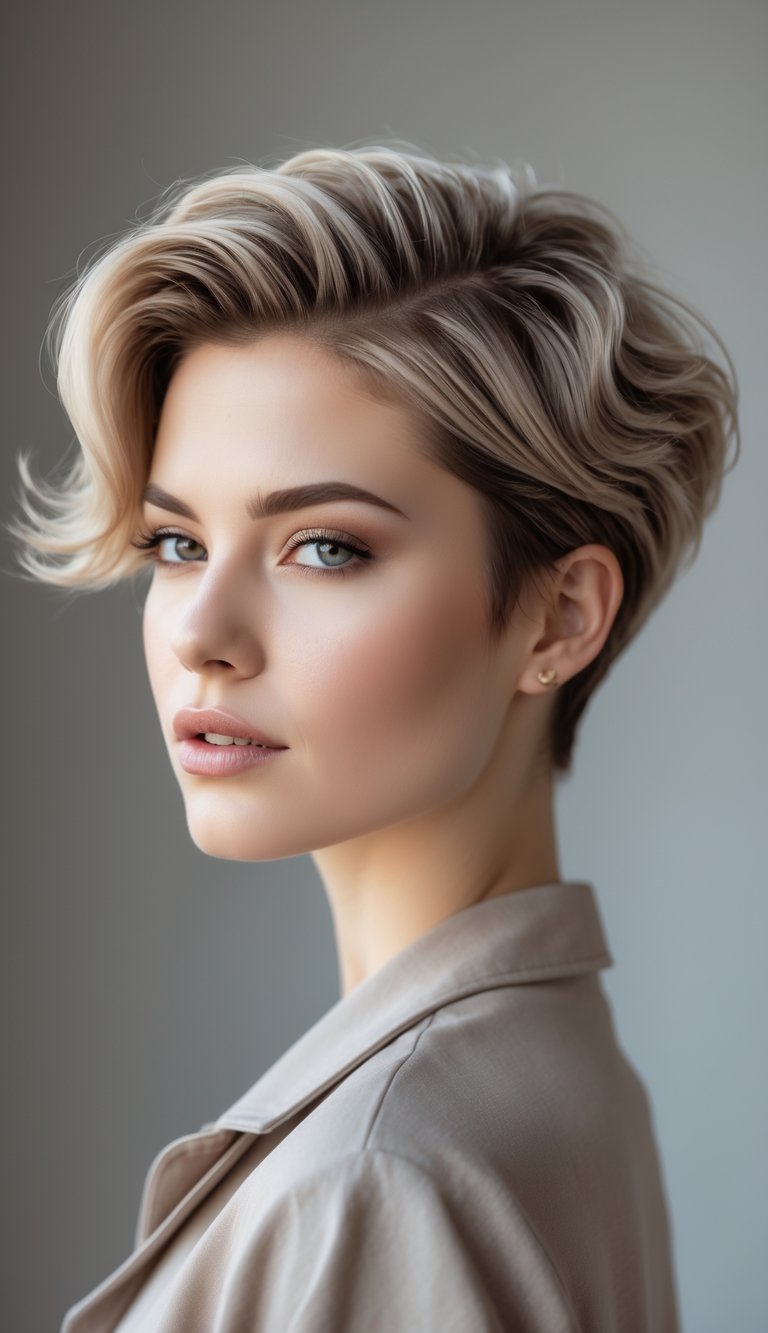 A young woman with a short, wavy pixie haircut posing in a studio with a neutral background.
