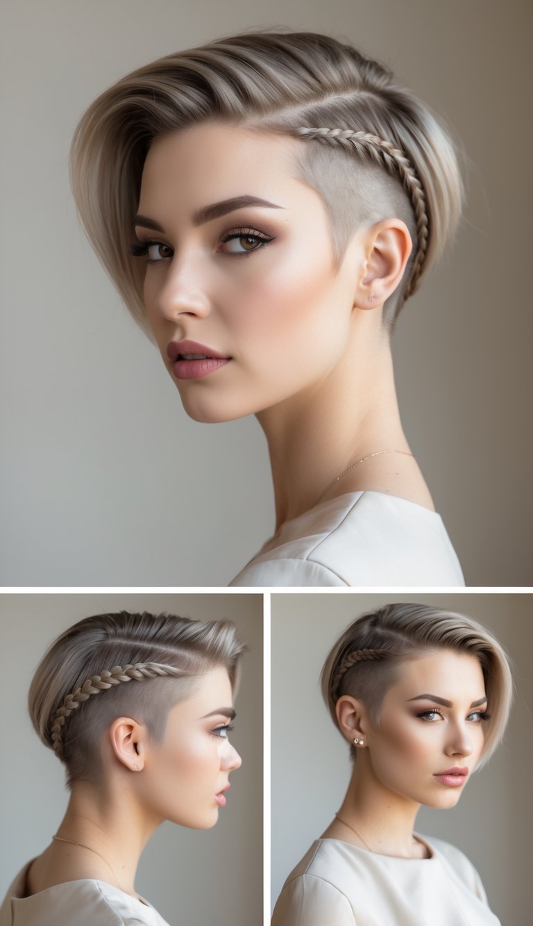 A young woman with a short haircut and side braids looking confidently at the camera against a plain background.
