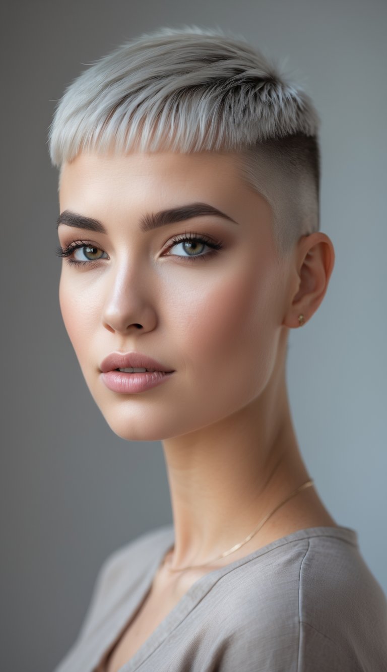 A young woman with a buzzed pixie haircut and stubble, looking confidently at the camera against a simple background.