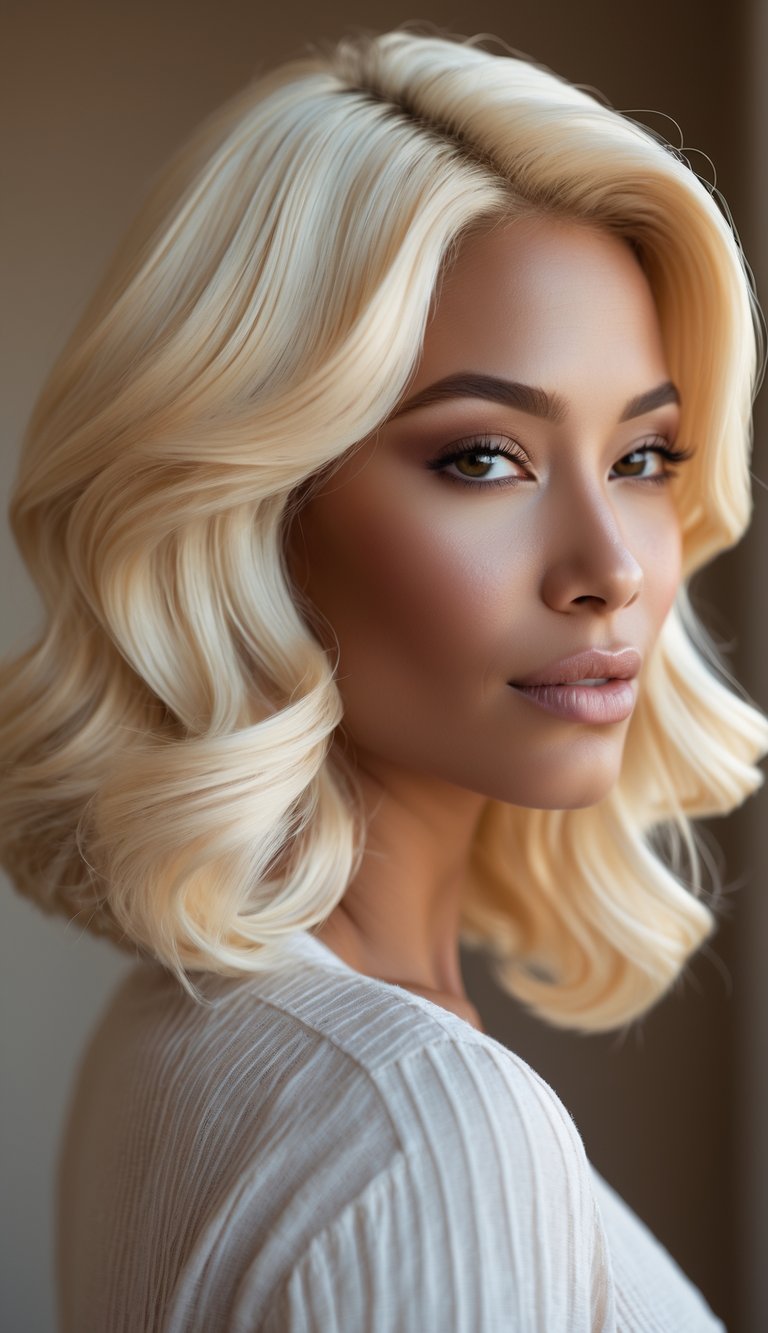 Close-up of a woman with creamy blonde glossy hair styled in soft waves, smiling gently.